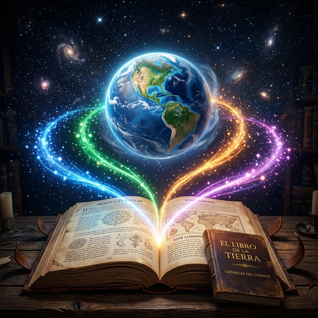 Libro con planeta tierra y corrientes de luz
