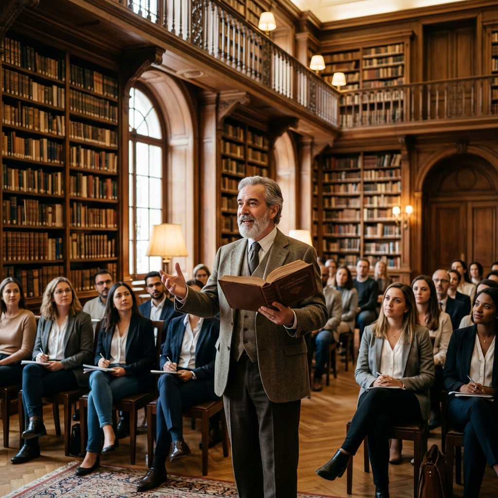 Profesor en salón de biblioteca